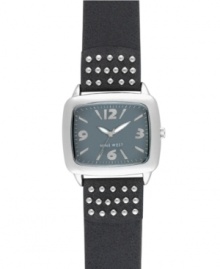 Liven up your look with this studded watch from Nine West. Crafted of black leather strap with stud detail and rectangular silver tone mixed metal case. Gray dial features silver tone numerals at three, six, nine and twelve o'clock, applied stick indices, minute track, luminous hour and minute hands, sweeping second hand and logo at six o'clock. Quartz movement. Limited lifetime warranty. Liven up your look with this studded watch from Nine West. Crafted of black leather strap with stud detail and rectangular silver tone mixed metal case. Gray dial features silver tone numerals at three, six, nine and twelve o'clock, applied stick indices, minute track, luminous hour and minute hands, sweeping second hand and logo at six o'clock. Quartz movement. Limited lifetime warranty.