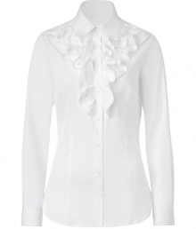 Stylish white flouncy top from Ermanno Scervino - Bring sophisticated polish to a day or night ensemble with this feminine blouse - Small collar, ruffle front detail, button front placket, tailored fit, rounded hem - Wear with slim trousers, a leather jacket, and classic pumps Stylish white flouncy top from Ermanno Scervino - Bring sophisticated polish to a day or night ensemble with this feminine blouse - Small collar, ruffle front detail, button front placket, tailored fit, rounded hem - Wear with slim trousers, a leather jacket, and classic pumps