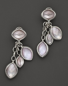 Glimmering doublets of pink mother-of-pearl shine from caviar sterling silver settings. Glimmering doublets of pink mother-of-pearl shine from caviar sterling silver settings.