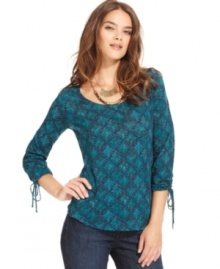 Ruching and bow ties at the sleeves add feminine flair to this Lucky Brand Jeans printed top -- perfectly paired with your fave denim! Ruching and bow ties at the sleeves add feminine flair to this Lucky Brand Jeans printed top -- perfectly paired with your fave denim!