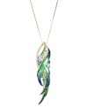 Fine-feathered fashion. RACHEL Rachel Roy's vivacious pendant is a fashionista's dream, with a trendy long chain and bright blue and green glass accents. Set in gold-plated mixed metal. Approximate length: 30 inches. Approximate drop: 3-1/2 inches.