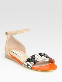 Snake-print upper joins gleaming faux patent leather straps, concluding with an adjustable ankle strap. Faux leather and snake-print faux leather upperPadded insoleImportedOUR FIT MODEL RECOMMENDS ordering true size. Snake-print upper joins gleaming faux patent leather straps, concluding with an adjustable ankle strap. Faux leather and snake-print faux leather upperPadded insoleImportedOUR FIT MODEL RECOMMENDS ordering true size.