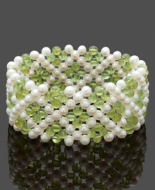 Cuff love. You'll simply flip for this trendy, yet elegant, style. Bracelet combines multiple rows of cultured freshwater pearls (4-5 mm) and stunning peridot beads (60 ct. t.w.). Bracelet stretches to fit wrist. Approximate length: 8 inches. Cuff love. You'll simply flip for this trendy, yet elegant, style. Bracelet combines multiple rows of cultured freshwater pearls (4-5 mm) and stunning peridot beads (60 ct. t.w.). Bracelet stretches to fit wrist. Approximate length: 8 inches.