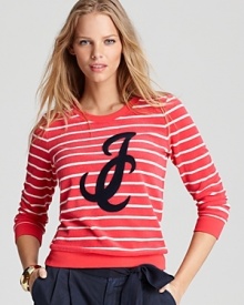 Emblazoned by a statement flocked print, this cheery Juicy Couture sweatshirt makes for a luxe approach to laidback style. Emblazoned by a statement flocked print, this cheery Juicy Couture sweatshirt makes for a luxe approach to laidback style.