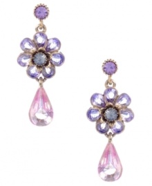 Pastel perfection. Betsey Johnson's sweet earring style combines purple and pink crystal flowers with a shimmering teardrop and post setting. Crafted in antique gold-plated mixed metal. Approximate drop: 1-1/2 inches. Pastel perfection. Betsey Johnson's sweet earring style combines purple and pink crystal flowers with a shimmering teardrop and post setting. Crafted in antique gold-plated mixed metal. Approximate drop: 1-1/2 inches.