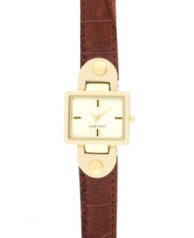 Crisp sophistication with feminine flair, by Nine West. Crafted of textured brown leather strap and square gold tone mixed metal case. Champagne dial features gold tone and black applied stick indices, gold tone hour and minute hands, sweeping second hand and logo at six o'clock. Quartz movement. Limited lifetime warranty. Crisp sophistication with feminine flair, by Nine West. Crafted of textured brown leather strap and square gold tone mixed metal case. Champagne dial features gold tone and black applied stick indices, gold tone hour and minute hands, sweeping second hand and logo at six o'clock. Quartz movement. Limited lifetime warranty.