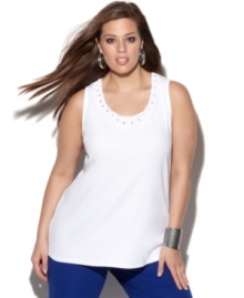 An appliqued neckline lends an elegant finish to INC's plus size tank top-- it's a must-get for the season! An appliqued neckline lends an elegant finish to INC's plus size tank top-- it's a must-get for the season!