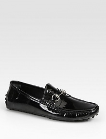 Black patent leather with silver horsebit hardware.Pebbled rubber sole with Gucci logo detailMade in Italy