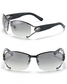 Metal/plastic aviator sunglasses with single bridge design. Special fit for nose bridge to secure comfort. With signature and crystal GG logo at temple. Metal/plastic aviator sunglasses with single bridge design. Special fit for nose bridge to secure comfort. With signature and crystal GG logo at temple.