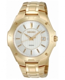 A refined dress watch from Seiko with a pale goldtone luster that spells sophistication at every hour of the day. Goldtone stainless steel bracelet and round case. Round white dial with logo, date window and stick indices. Quartz movement. Water resistant to 100 meters. Three-year limited warranty. A refined dress watch from Seiko with a pale goldtone luster that spells sophistication at every hour of the day. Goldtone stainless steel bracelet and round case. Round white dial with logo, date window and stick indices. Quartz movement. Water resistant to 100 meters. Three-year limited warranty.