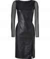 Edgy and exquisite with its jet black croco embossed lambskin, Emilio Puccis mixed-media dress is a glamorous way to wear the leather trend to your chic evening events - Straight neckline in front, V-neckline in back, sheer silk long sleeves, front slit, hidden back zip, covered buttons down the back - Form-fitting - Team with statement heels and a clutch for cocktails