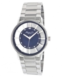 Modern and traditional collide in this unique watch designed by Kenneth Cole New York. Stainless steel bracelet and round case. Clear dial with marine blue inner dial features silver tone stick indices, minute track, three hands and logo. Quartz movement. Water resistant to 30 meters. Limited lifetime warranty. Modern and traditional collide in this unique watch designed by Kenneth Cole New York. Stainless steel bracelet and round case. Clear dial with marine blue inner dial features silver tone stick indices, minute track, three hands and logo. Quartz movement. Water resistant to 30 meters. Limited lifetime warranty.