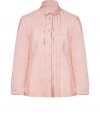 Dashing and demure, this pleat-front silk blouse from Jil Sander Navy injects old-fashioned elegance into your workweek style - Small Peter Pan collar, bracelet-length sleeves, front button placket with pleated pintucks - Tailored silhouette - Pair with cropped trousers or a figure-hugging pencil skirt