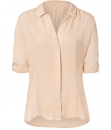 Casual yet chic, this modernized button down from James Perse is a workweek essential - Spread collar, short sleeves with rolled cuffs, concealed front button placket, seaming details, gathering at back yoke, slim silhouette - Pair with cropped trousers, skinny jeans, or a pencil skirt