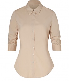 Both classic and cool with a flattering modern tailored fit, Steffen Schrauts desert smoke sleeve shirt is a chic choice packed with wearing possibilities - Classic collar, ruched 3/4 sleeves with stitched cuffs, button-down front, shirttail hemline - Tailored fit - Wear with bright flats, slim-fit separates and a carryall tote to work Both classic and cool with a flattering modern tailored fit, Steffen Schrauts desert smoke sleeve shirt is a chic choice packed with wearing possibilities - Classic collar, ruched 3/4 sleeves with stitched cuffs, button-down front, shirttail hemline - Tailored fit - Wear with bright flats, slim-fit separates and a carryall tote to work