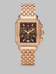 From the Deco Collection. This exquisite design is embellished in brilliant diamonds and finished in a warm 18k rose goldplating. Quartz movementWater resistant to 5 ATMRectangular 18k rose goldplated stainless steel case, 33mm (1.3) X 35mm (1.4)Diamond accented bezel and hour markers, .66 tcwBrown mother-of-pearl chronograph dialDate display at 6 o'clockSecond hand 18k rose goldplated stainless steel link braceletImported From the Deco Collection. This exquisite design is embellished in brilliant diamonds and finished in a warm 18k rose goldplating. Quartz movementWater resistant to 5 ATMRectangular 18k rose goldplated stainless steel case, 33mm (1.3) X 35mm (1.4)Diamond accented bezel and hour markers, .66 tcwBrown mother-of-pearl chronograph dialDate display at 6 o'clockSecond hand 18k rose goldplated stainless steel link braceletImported