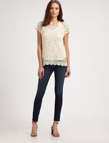 Floral crochet and scalloped hem add feminine appeal to this semi-sheer confection. BoatneckShort sleevesScalloped hem50% pima cotton/50% modalDry cleanMade in USAModel shown is 5'10 (177cm) wearing US size XSmall/Small. Floral crochet and scalloped hem add feminine appeal to this semi-sheer confection. BoatneckShort sleevesScalloped hem50% pima cotton/50% modalDry cleanMade in USAModel shown is 5'10 (177cm) wearing US size XSmall/Small.
