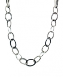 Long story: Alfani updates a classic chain link necklace with this long, fashionable frontal style. Crafted in antique silver tone and hematite tone mixed metal. Approximate length: 32 inches. Long story: Alfani updates a classic chain link necklace with this long, fashionable frontal style. Crafted in antique silver tone and hematite tone mixed metal. Approximate length: 32 inches.