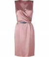 A draped silhouette and a rose-tinged hue add stylish depth to this silk party-ready frock from Ralph Lauren - V-neck with draped faux wrap front, sleeveless, belted waist, pleated at waist, back slit, concealed side zip closure - Tailored fit - Wear with a slim trench and platform pumps