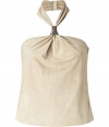 Channel the sophisticated side of the 1970s in this luxe suede halter top from Ralph Lauren - Halter neckline with silver-tone front detail, draped bust with keyhole cut out, concealed side zip closure, open back - Style with high-waisted skinnies, an oversized cashmere cardigan, and platform sandals