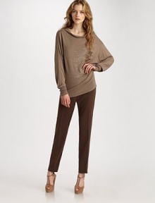 This body-skimming slim fit has a hint of stretch for the ultimate pair. Side hook and bar closure Side zipper Waist darts Inseam, about 29½ 97% polyester/3% spandex Dry clean Made in the USA This body-skimming slim fit has a hint of stretch for the ultimate pair. Side hook and bar closure Side zipper Waist darts Inseam, about 29½ 97% polyester/3% spandex Dry clean Made in the USA