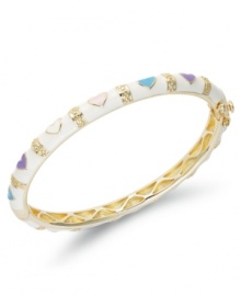 The perfect gift for your little sweetheart. This 18k gold over sterling silver bangle features white and multicolored enamel hearts. Bracelet secures with a hinge clasp. Approximate diameter: 2 inches. The perfect gift for your little sweetheart. This 18k gold over sterling silver bangle features white and multicolored enamel hearts. Bracelet secures with a hinge clasp. Approximate diameter: 2 inches.