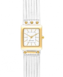 Lighten up with the golden shine of this refined and feminine Nine West watch. Crafted of white cut leather strap and square gold tone mixed metal case. White dial features gold tone applied stick indices, minute track, gold tone hour and minute hands, sweeping second hand and logo at six o'clock. Quartz movement. Limited Lifetime Warranty.