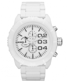 As clean and bold as a winter storm, this technical timepiece by Diesel embraces attention. Crafted of white ceramic bracelet and round case with stainless steel crown and three pushers. Bezel features white numerals. White chronograph dial features large black numerals at two, three and four o'clock, applied stick indices, minute track, three subdials, logo and three hands. Quartz movement. Water resistant to 50 meters. Two-year limited warranty.