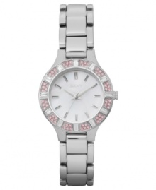 Add some shimmering heat to your style with this hot pink crystal-accented watch from DKNY.