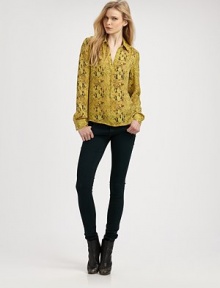 Bold snake-print on gorgeous silk updates this button-down topper.Point collarGathered shoulder yokeLong sleeves with barrel cuffsV necklineButton-down placketGathered backAbout 27 from shoulder to hemSilkDry cleanImportedModel shown is 5'9½ (176cm) wearing US size Small. Bold snake-print on gorgeous silk updates this button-down topper.Point collarGathered shoulder yokeLong sleeves with barrel cuffsV necklineButton-down placketGathered backAbout 27 from shoulder to hemSilkDry cleanImportedModel shown is 5'9½ (176cm) wearing US size Small.