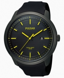 A stylish mix of comfortable polyurethane and blacked out steel create a handsome watch from Pulsar. A stylish mix of comfortable polyurethane and blacked out steel create a handsome watch from Pulsar.