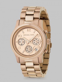 A sporty chronograph timepiece with date display in a rose goldplated stainless steel.Quartz movement Water resistant to 5 ATM Rose goldplated round stainless steel case, 38mm, (1.49) Light rose gold chronograph dial Date display between 4 and 5 o'clock Arabic numeral and index hour markers Second hand Rose goldplated link bracelet Deployment buckle Imported A sporty chronograph timepiece with date display in a rose goldplated stainless steel.Quartz movement Water resistant to 5 ATM Rose goldplated round stainless steel case, 38mm, (1.49) Light rose gold chronograph dial Date display between 4 and 5 o'clock Arabic numeral and index hour markers Second hand Rose goldplated link bracelet Deployment buckle Imported