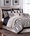 Reminiscent of architectural designs, this Sultana comforter set features a chic geometric pattern in a classic black and white color scheme. Coordinating coverlet adds a layer of dimension while a pile of beautiful decorative pillows in matching hues complete the look.