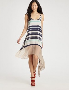 Bold variegated stripes highlight airy silk chiffon in this draped asymmetric shift.ScoopneckSleevelessFlat frontAsymmetrical hemAbout 35 from shoulder to hemSilkDry cleanImportedModel shown is 5'10 (177cm) wearing US size Small. Bold variegated stripes highlight airy silk chiffon in this draped asymmetric shift.ScoopneckSleevelessFlat frontAsymmetrical hemAbout 35 from shoulder to hemSilkDry cleanImportedModel shown is 5'10 (177cm) wearing US size Small.