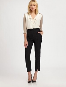 Trench-inspired tailoring are accentuated in this soft silk design.Button frontFront ruffleLong sleevesEpaulettesSilkDry cleanMade in USA Model shown is 5'9½ (176cm) wearing US size 2. Trench-inspired tailoring are accentuated in this soft silk design.Button frontFront ruffleLong sleevesEpaulettesSilkDry cleanMade in USA Model shown is 5'9½ (176cm) wearing US size 2.
