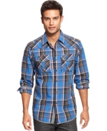 A shirt that quotes some of menswear's greatest traditions to say something completely new. Long-sleeved sport shirt with horizontal front yoke, utility-style chest pockets, military-style epaulets, and tartan pattern trimmed with chambray, from Marc Ecko Cut & Sew. A shirt that quotes some of menswear's greatest traditions to say something completely new. Long-sleeved sport shirt with horizontal front yoke, utility-style chest pockets, military-style epaulets, and tartan pattern trimmed with chambray, from Marc Ecko Cut & Sew.