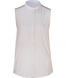 Chic sleeveless top in fine, ecru and yellow cotton - Elegant stripe motif - Classic, button down style is fitted and tapers at waist - Small stand-up collar and chest pocket, rounded hem - The details we love: delicate black piping at shoulders, cinched belt at back - A perennially cool must in any wardrobe - Pair with skinny jeans and ballet flats or dress up with wide-leg trousers and platform pumps Chic sleeveless top in fine, ecru and yellow cotton - Elegant stripe motif - Classic, button down style is fitted and tapers at waist - Small stand-up collar and chest pocket, rounded hem - The details we love: delicate black piping at shoulders, cinched belt at back - A perennially cool must in any wardrobe - Pair with skinny jeans and ballet flats or dress up with wide-leg trousers and platform pumps
