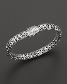 Medium signature sterling woven chain bracelet with carved chain diamond pavé clasp, designed by John Hardy. Medium signature sterling woven chain bracelet with carved chain diamond pavé clasp, designed by John Hardy.