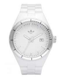 adidas adds a sleek touch of silver to the classically sporty style of this Cambridge watch. White polyurethane strap and round plastic case with silver tone aluminum bezel. White grid-patterned dial features silver tone stick indices, minute track, date window at three o'clock, three hands and logo at twelve o'clock. Quartz movement. Water resistant to 50 meters. Two-year limited warranty.