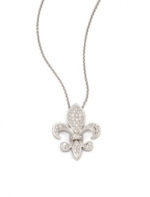 THE LOOKFleur de lis pendant.52 tcw diamonds14k white gold settingLobster claspTHE MEASUREMENTPendant width, about 1Pendant length, about 1¼Length, about 16ORIGINImported THE LOOKFleur de lis pendant.52 tcw diamonds14k white gold settingLobster claspTHE MEASUREMENTPendant width, about 1Pendant length, about 1¼Length, about 16ORIGINImported