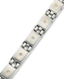 A bold statement for the stylish man. This stainless steel and 14k gold bracelet features diamonds (1/10 ct. t.w.) for an added touch of sophistication. Approximate length: 8-1/2 inches. A bold statement for the stylish man. This stainless steel and 14k gold bracelet features diamonds (1/10 ct. t.w.) for an added touch of sophistication. Approximate length: 8-1/2 inches.