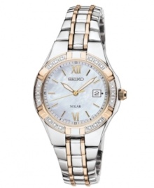 This Solar collection watch from Seiko radiates style with glistening diamond accents. This Solar collection watch from Seiko radiates style with glistening diamond accents.