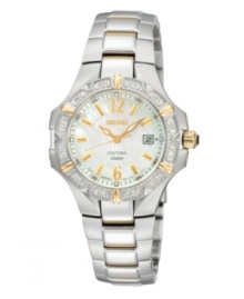 Beyond exquisite, Seiko's stunning Coutura design overlooks not a single detail. Watch crafted of two-tone stainless steel bracelet and round case, 37mm. Bezel embellished with twelve diamond accents and goldtone markers. Mother-of-pearl dial features goldtone numerals at twelve and six o'clock, stick indices, date window at three o'clock, luminous hands and logo. Quartz movement. Water resistant to 30 meters. Three-year limited warranty. Beyond exquisite, Seiko's stunning Coutura design overlooks not a single detail. Watch crafted of two-tone stainless steel bracelet and round case, 37mm. Bezel embellished with twelve diamond accents and goldtone markers. Mother-of-pearl dial features goldtone numerals at twelve and six o'clock, stick indices, date window at three o'clock, luminous hands and logo. Quartz movement. Water resistant to 30 meters. Three-year limited warranty.