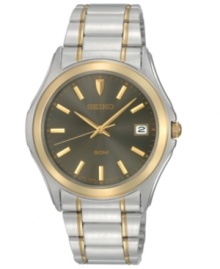 Striking design and meticulous performance by Citizen. Watch crafted of two-tone stainless steel bracelet and round case. Gray dial features applied gold tone stick indices, minute track, date window at three o'clock, three hands and logo. Quartz movement. Water resistant to 50 meters. Three-year limited warranty. Striking design and meticulous performance by Citizen. Watch crafted of two-tone stainless steel bracelet and round case. Gray dial features applied gold tone stick indices, minute track, date window at three o'clock, three hands and logo. Quartz movement. Water resistant to 50 meters. Three-year limited warranty.