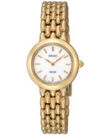 Classic elegance pairs with modern solar power. Watch by Seiko crafted of polished and brushed gold tone stainless steel bracelet and round case, 25mm. White dial features applied gold tone stick indices two hands and logo. Quartz movement. Water resistant to 50 meters. Three-year limited warranty. Classic elegance pairs with modern solar power. Watch by Seiko crafted of polished and brushed gold tone stainless steel bracelet and round case, 25mm. White dial features applied gold tone stick indices two hands and logo. Quartz movement. Water resistant to 50 meters. Three-year limited warranty.