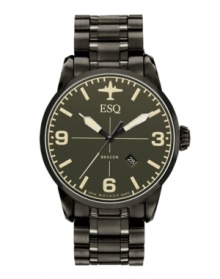 Soar with precision with this dusky watch from ESQ by Movado. Crafted of dark gray PVD-finished stainless steel bracelet and round case. Aviation-inspired dial with applied stick indices, numerals at three, six and nine o'clock, date window at four o'clock, three hands and plane logo at twelve o'clock. Swiss quartz movement. Water resistant to 50 meters. Two-year limited warranty. Soar with precision with this dusky watch from ESQ by Movado. Crafted of dark gray PVD-finished stainless steel bracelet and round case. Aviation-inspired dial with applied stick indices, numerals at three, six and nine o'clock, date window at four o'clock, three hands and plane logo at twelve o'clock. Swiss quartz movement. Water resistant to 50 meters. Two-year limited warranty.