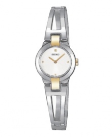 The classic two-tone bracelet watch features a modern minimalist design. Round white dial, quartz movement. Water resistant up to 30 meters. 20mm. The classic two-tone bracelet watch features a modern minimalist design. Round white dial, quartz movement. Water resistant up to 30 meters. 20mm.