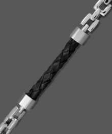 Rugged elegance. Tough stainless steel links and genuine braided leather combine in this sophisticated men's style. Approximate length: 8-1/2 inches. Rugged elegance. Tough stainless steel links and genuine braided leather combine in this sophisticated men's style. Approximate length: 8-1/2 inches.