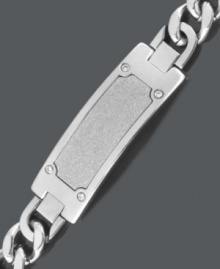 An ID bracelet with a little extra flair. Men's bracelet features a stainless steel link chain with a textured ID plate and round-cut diamond accents at the corners. Approximate length: 8-1/2 inches. An ID bracelet with a little extra flair. Men's bracelet features a stainless steel link chain with a textured ID plate and round-cut diamond accents at the corners. Approximate length: 8-1/2 inches.