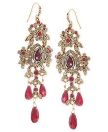 Classic cool. Carolee's chandelier earrings are crafted from gold-tone mixed metal with red beads providing a pop of color. Approximate drop: 3-1/4 inches. Classic cool. Carolee's chandelier earrings are crafted from gold-tone mixed metal with red beads providing a pop of color. Approximate drop: 3-1/4 inches.